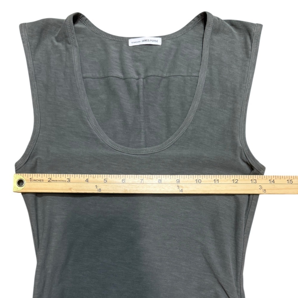 JAMES PERSE Wide Strap Ruched Dress Khaki Green-Grey  Women’s Size 1 Scoop Neck - Picture 13 of 16